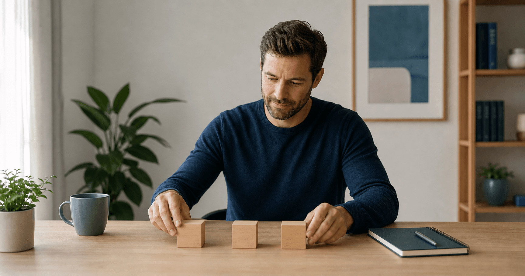 Person ordnet vielfältige Bausteine für eine langfristige Finanzplanung.