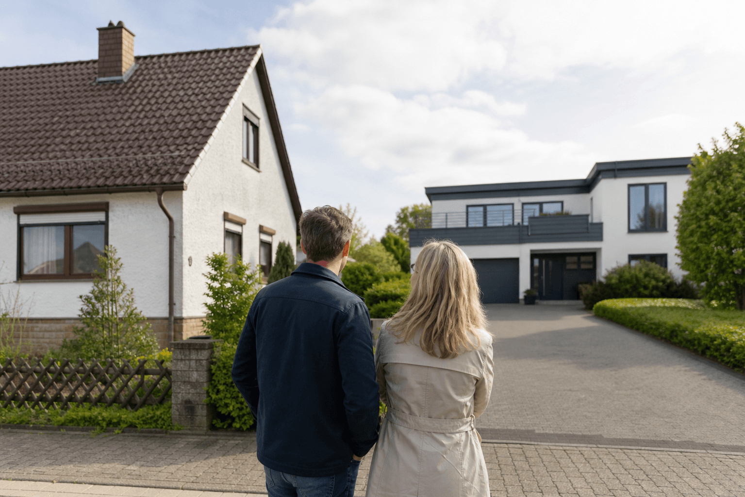 Zwei Erwachsene betrachten einen Neubau und ein gepflegtes Bestandsgebäude in einer Wohngegend.